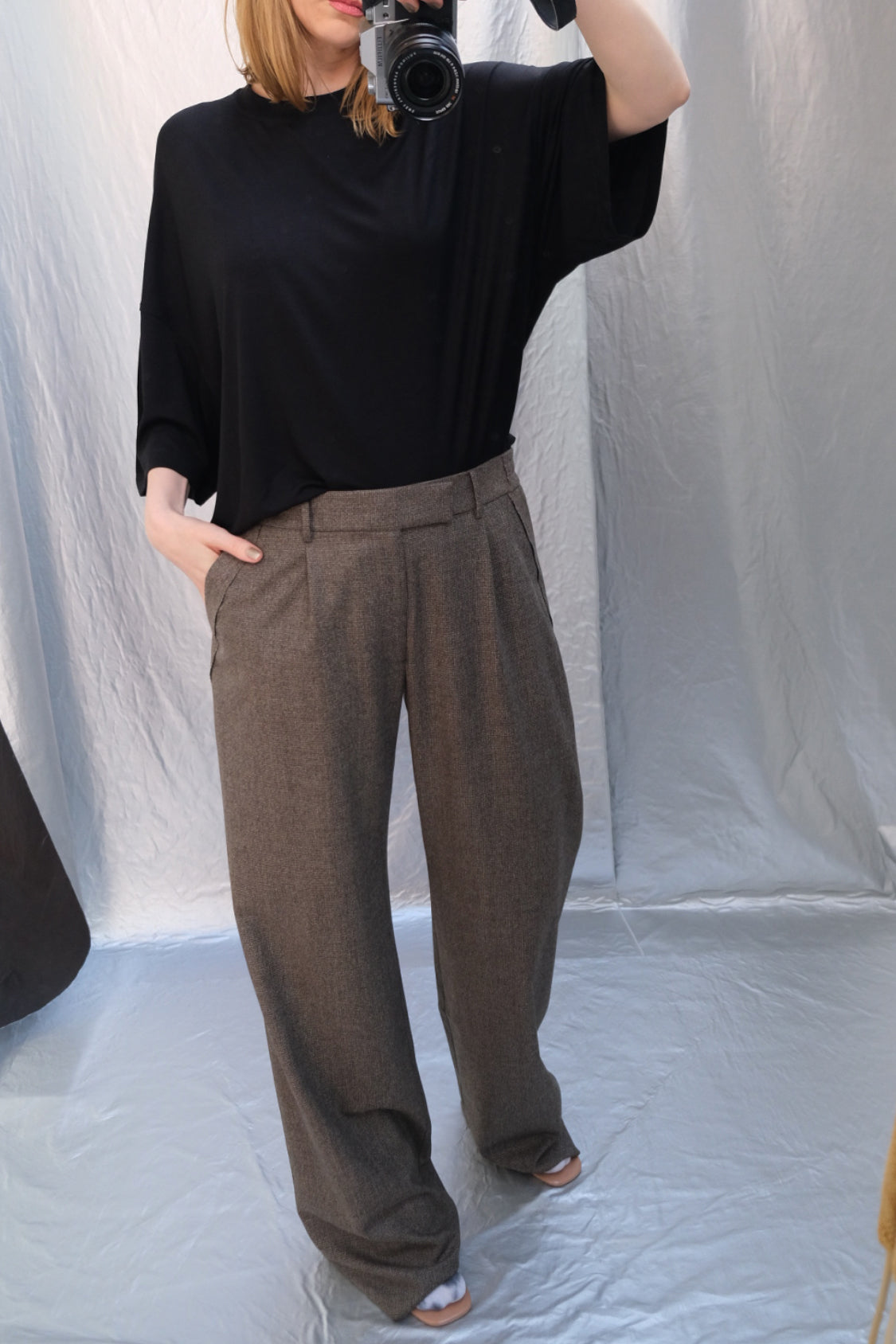 SHOHEI GRANDPA RAW EDGE PANTS in brown melange, virgin wool wide-leg trousers