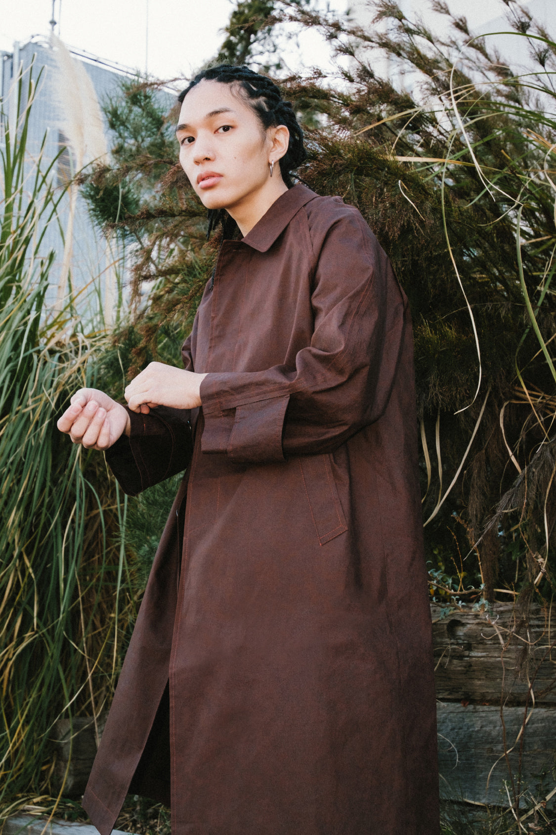 SHOHEI KAKISHIBU MAC COAT, persimmon-dyed organic cotton outerwear
