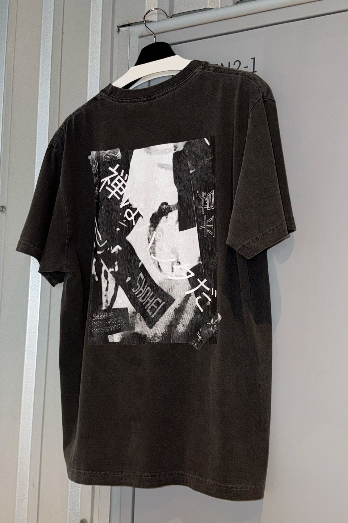 SHOHEI washed-black Collage Tee, 100% cotton unisex crewneck with crack-print 'zen is punk' artwork, made in Japan
