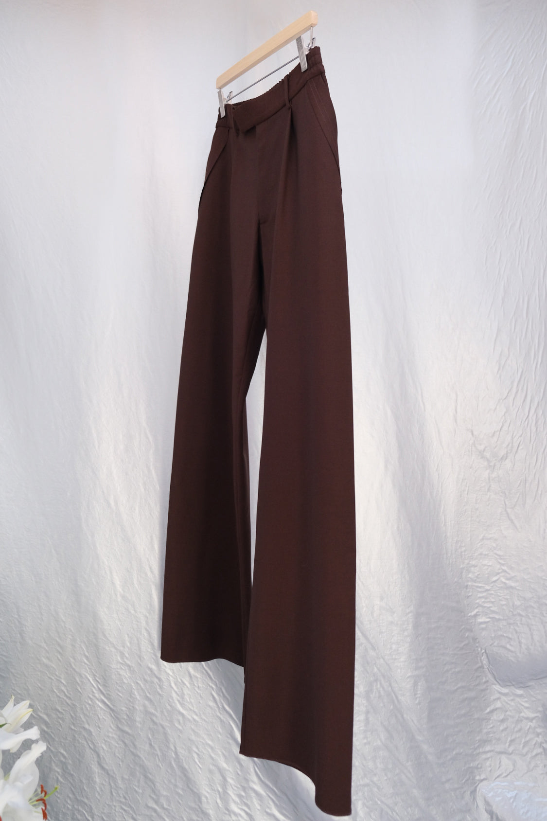 SHOHEI GRANDPA RAW EDGE PANTS in red-brown, virgin wool wide-leg trousers