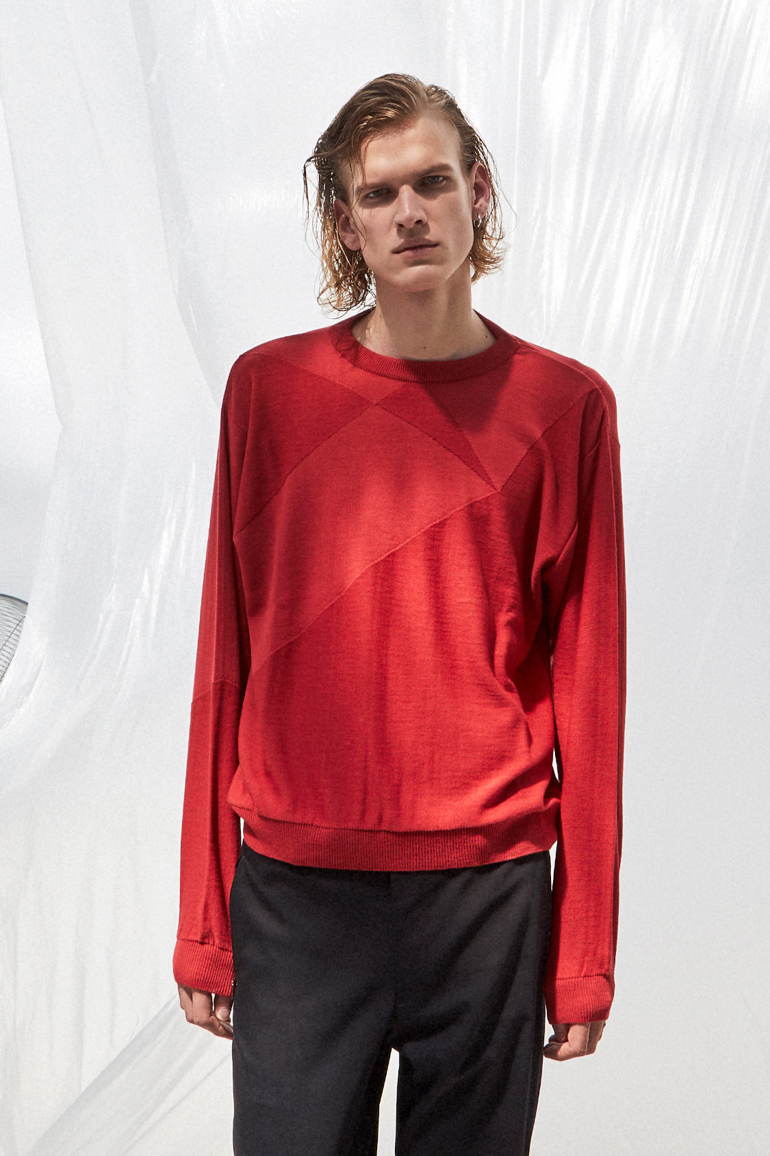 SHOHEI KYO JUMPER in red, relaxed knit in GOTS merino wool