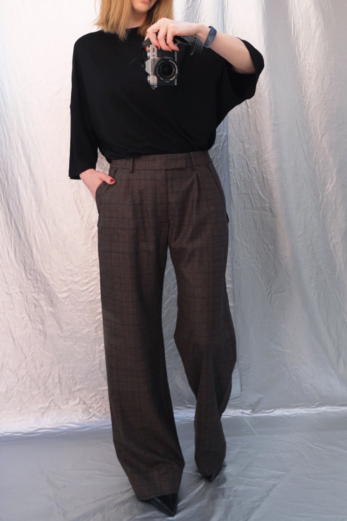 SHOHEI GRANDPA RAW EDGE PANTS in checked brown, virgin wool wide-leg trousers