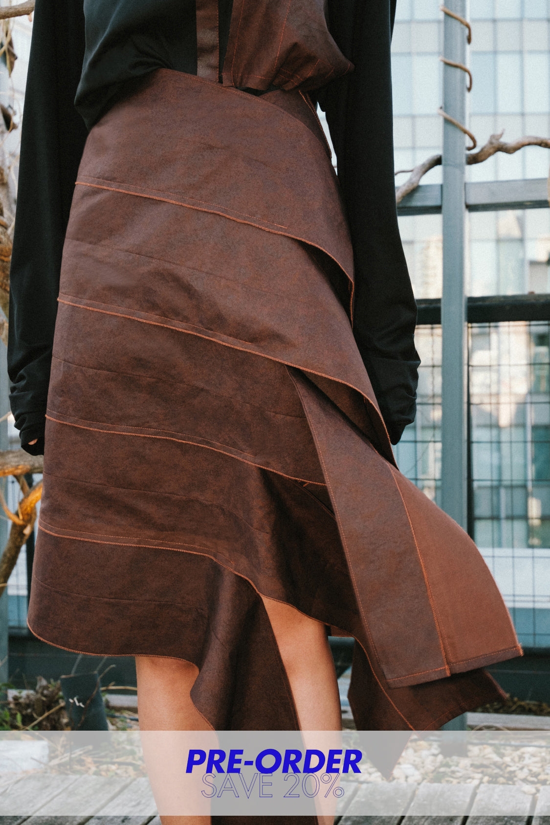 SHOHEI YURIE SKIRT MIDI in kakishibu-dyed organic cotton, zero-waste skirt