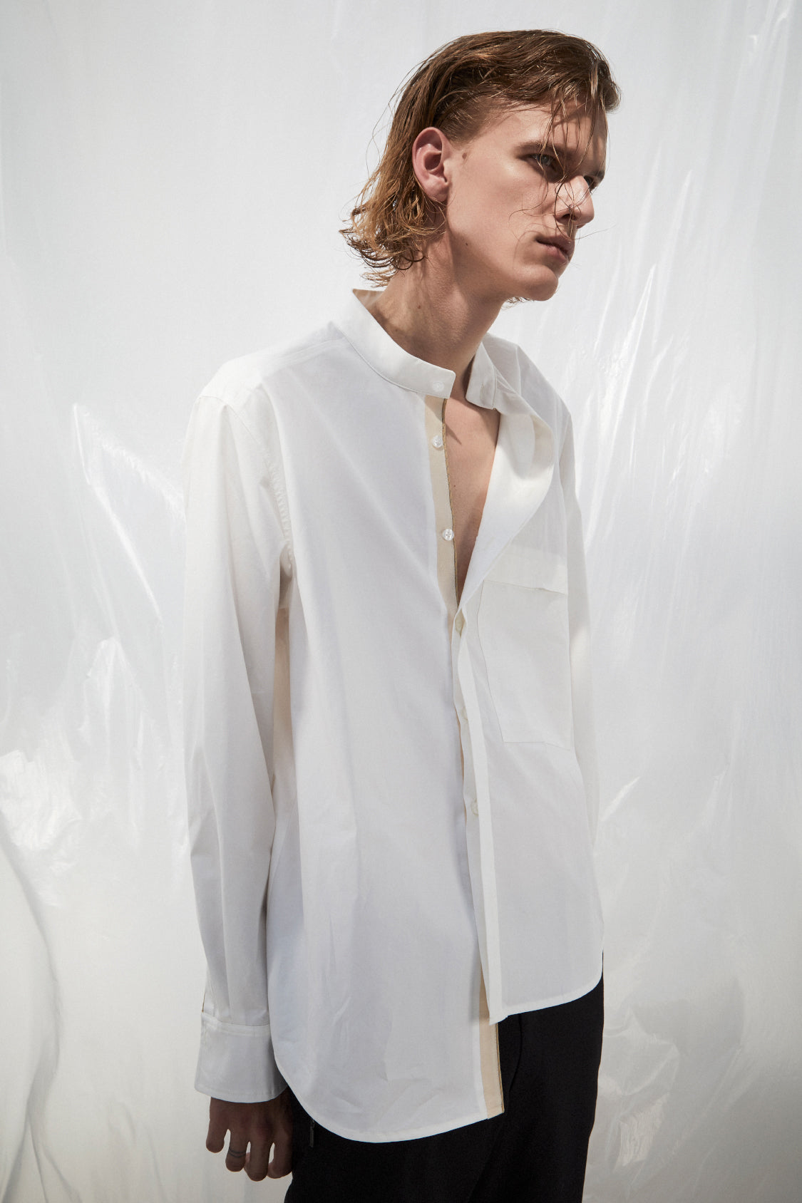 band collar dress shirt White Banded sleeve dress shirt for men features a comfortable slim fit through the chest and waist Banded Collar Shirt in Linen