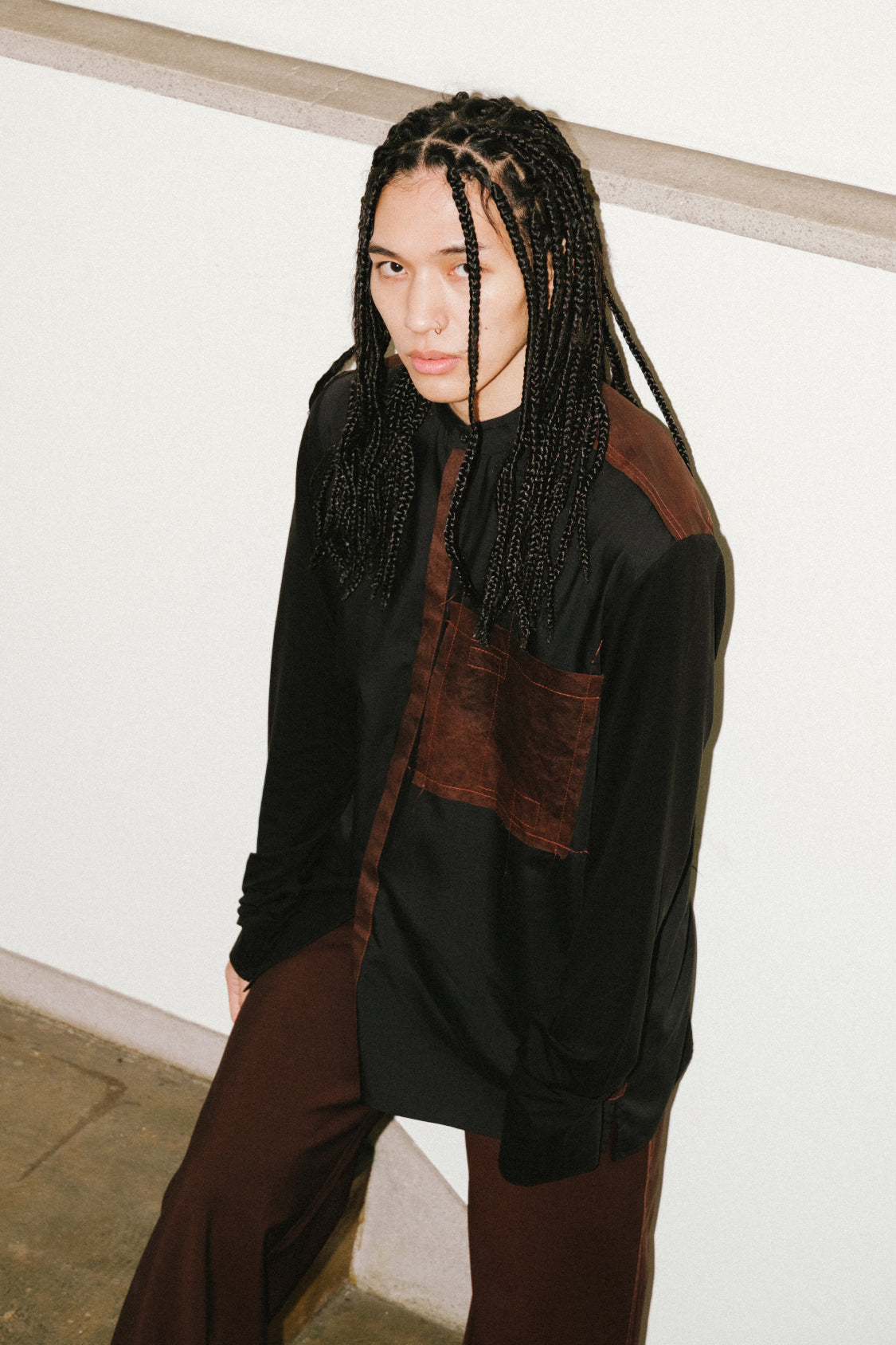 SHOHEI SEGA SHIRT, material-mix shirt in kakishibu-dyed cotton